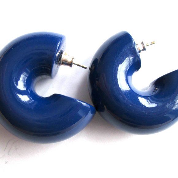💙 Vtg Uncommon Matters Beam Semi Hoop Earrings Deep Cobalt Blue Enamel 925 - Picture 5 of 12